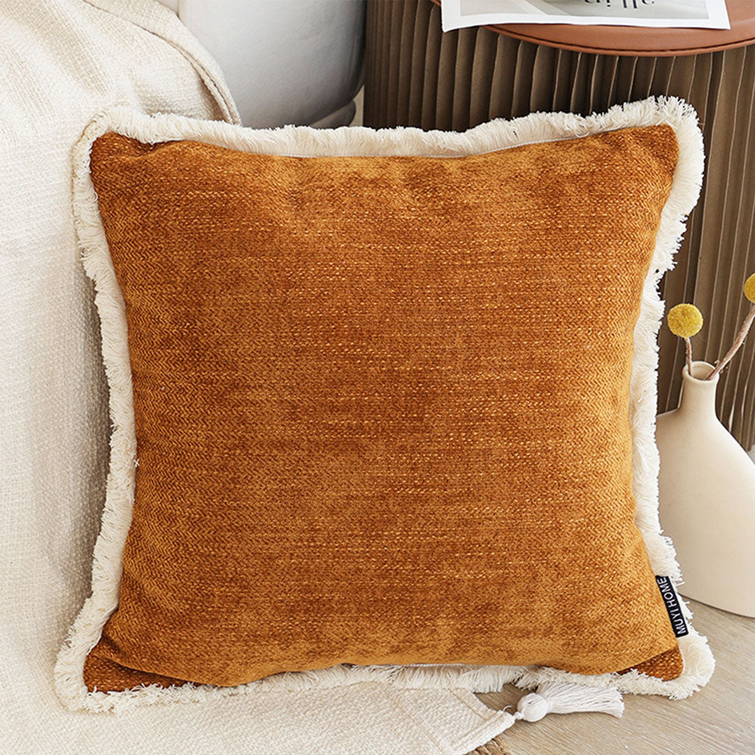 NNEAGS 2X 45cm Home Aesthetic Chenille Texture Tassel Square Sunset Orange Throw Pillow-1