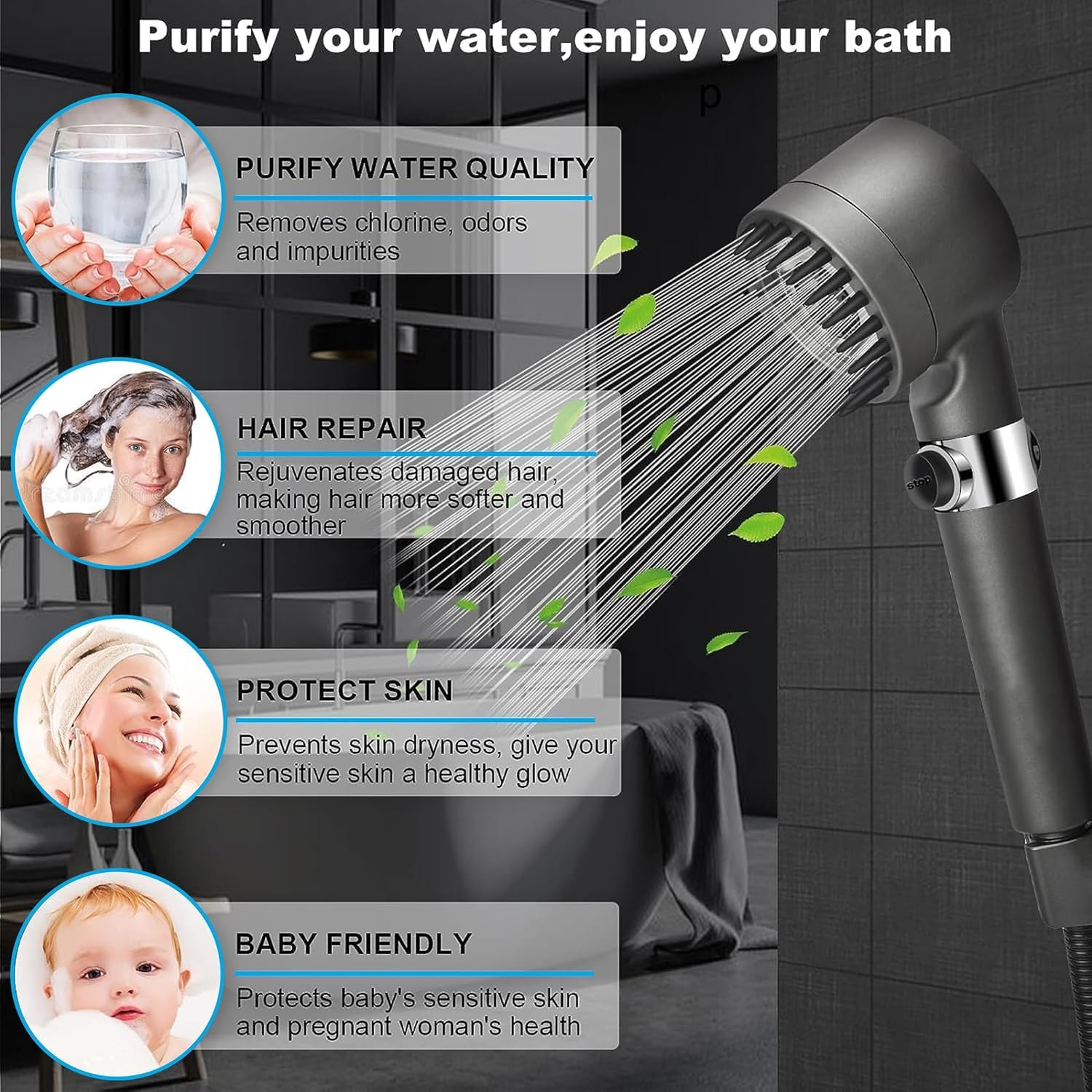 Fossa Snow Shower Head with Filter, High Pressure Shower Head Water Saving, Massage Hand Shower with 3+1 Jet Types, Rain Shower Head with Stop Function, with 1.5 Meter Stainless Steel Hose Pipe, Hook-2